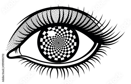 Engraving style illustration of a stylized eye depicting a hypnotic spiral pupil with decorative lashes for tattoo and mystic design