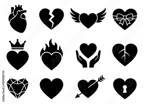 Silhouette icon set of 12 heart symbols featuring anatomical, broken, winged, flaming, crowned and arrow pierced variations for love and Valentine design