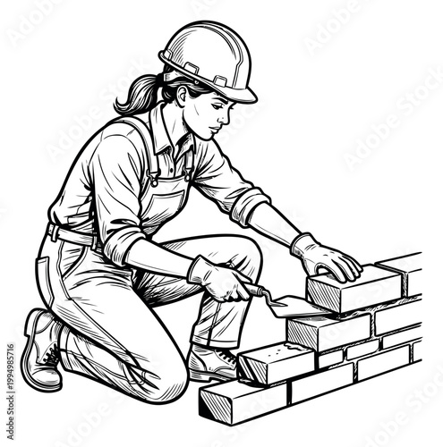 Engraving illustration of a female construction worker depicting bricklaying with trowel and hard hat for labor and industry design