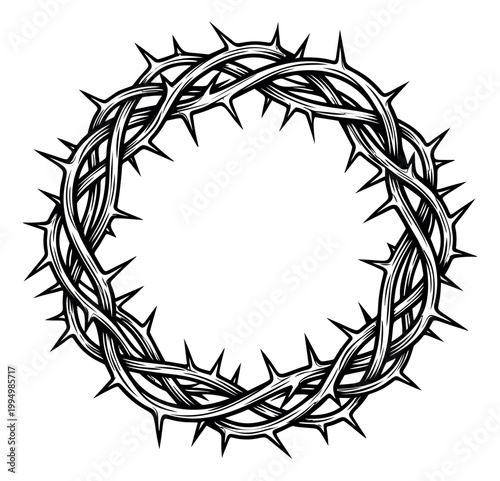 Engraving illustration of a crown of thorns depicting a circular woven wreath for religious and Easter design