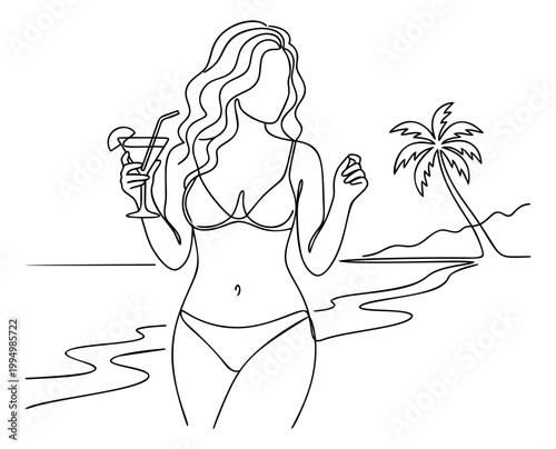 Line art illustration of a woman in bikini depicting summer beach vacation with tropical scenery for travel and lifestyle design
