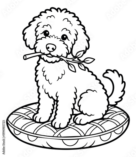 Cartoon illustration of a fluffy puppy sitting on a cushion depicting a cute dog holding a twig for children coloring page design