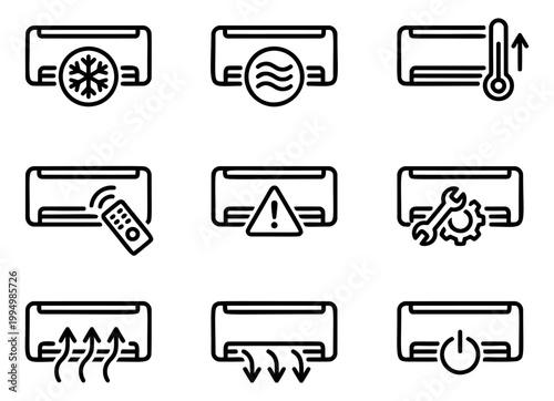 Outline icon set of 9 air conditioner symbols featuring cooling, heating, remote control and maintenance concepts for climate design