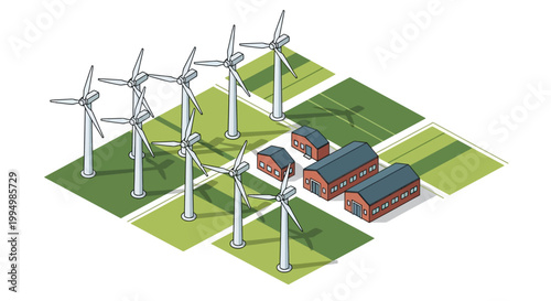 Isometric wind energy farm with buildings