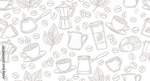 Seamless pattern with coffee elements hand-drawn sketch