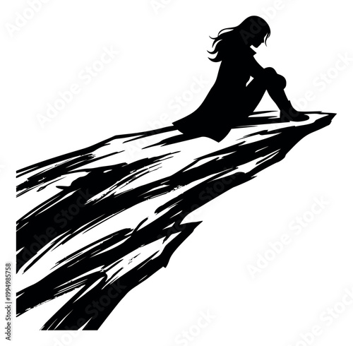 Silhouette illustration of a woman sitting on a cliff edge depicting solitude and contemplation for emotional and mental wellness design