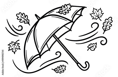 Line art illustration of an open umbrella depicting autumn wind and falling leaves for seasonal weather design