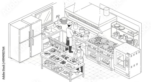 Professional kitchen scene with chefs preparing food in a busy restaurant.