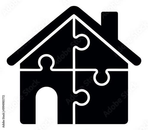 Silhouette illustration of a puzzle house depicting four interlocking pieces forming a home for real estate and property design