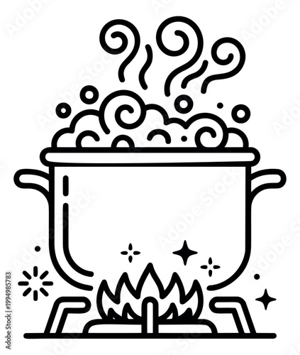 Outline illustration of a boiling pot on a stove depicting bubbling liquid and steam for cooking and kitchen design