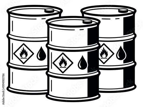Cartoon illustration of three oil barrels depicting flammable hazardous material warning symbols for industrial and safety design