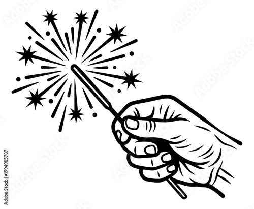 Woodcut illustration of a hand holding a sparkler depicting festive sparks and stars for celebration and holiday design