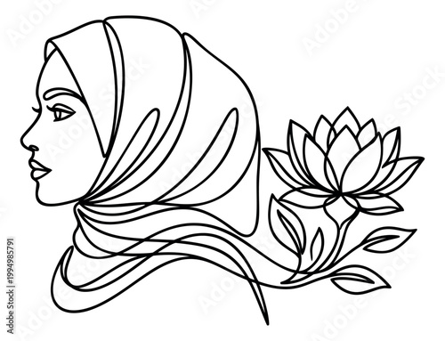 Line art illustration of a Muslim woman in hijab depicting an elegant portrait with lotus flower for beauty and fashion design