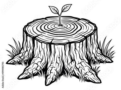 Engraving illustration of a tree stump depicting new growth sprouting from cut wood for nature and environment design