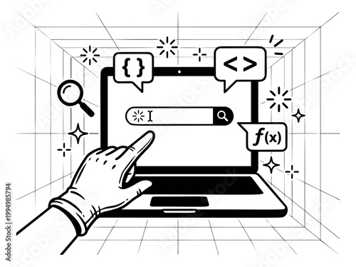 Cartoon line art illustration of a hand pointing at a laptop depicting coding and web search with programming symbols for technology design