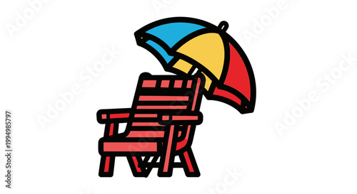 A beach chair with a colorful umbrella on a white background.