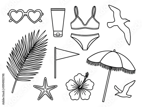 Outline icon set of 11 summer beach elements featuring bikini, sunscreen, palm leaf, starfish, hibiscus, umbrella and seagulls for tropical design