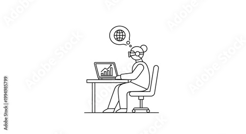 Person in VR headset analyzes global business data on laptop