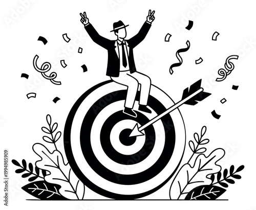 Line art illustration of businessman sitting on bullseye target depicting goal achievement with confetti celebration for business and success design