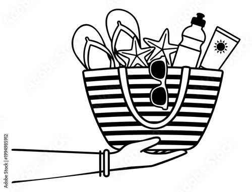 Line art illustration of a hand holding a striped beach bag depicting summer essentials with sunscreen sunglasses and flip flops for travel and vacation design