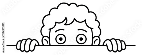Cartoon outline illustration of a curious child peeking over a ledge depicting surprise and hiding for kids and humor design