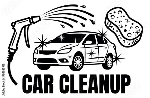 Bold outline illustration of car wash service depicting vehicle cleaning with pressure washer and sponge for automotive business design