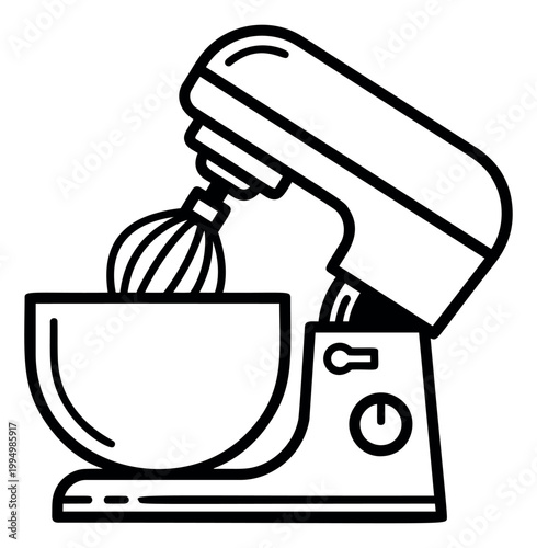 Outline illustration of a stand mixer depicting a kitchen appliance with whisk attachment and mixing bowl for cooking and baking design