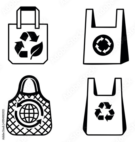 Outline icon set of 4 reusable shopping bags featuring recycling symbols and eco friendly concepts for sustainability design