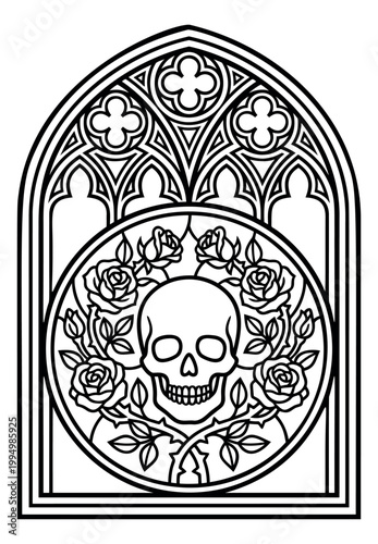 Outline illustration of gothic stained glass window depicting skull and roses medallion for dark art design
