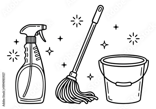 Outline illustration set of 3 cleaning supplies featuring spray bottle, mop and bucket for household and service design