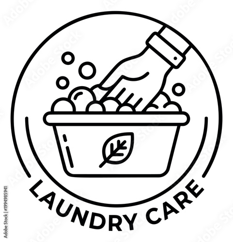 Outline illustration of hand washing laundry depicting eco friendly cleaning in a basin for household care design