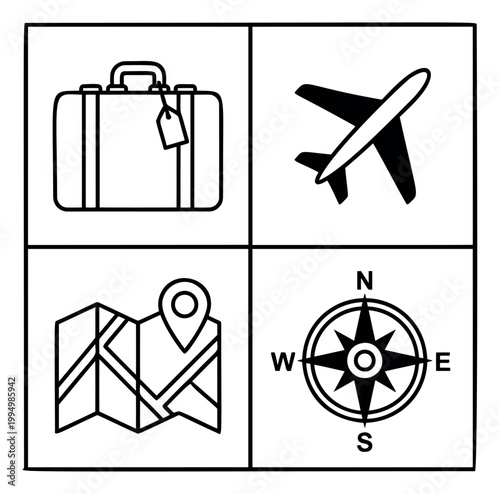 Outline icon set of 4 travel symbols featuring luggage, airplane, map and compass for tourism design