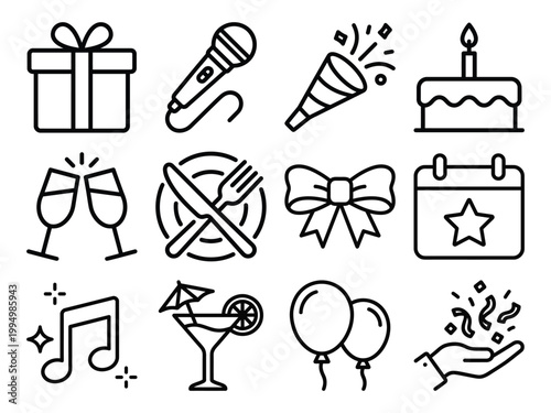 Celebration icons set vector illustration with line art party supplies party accessories event graphics holiday symb