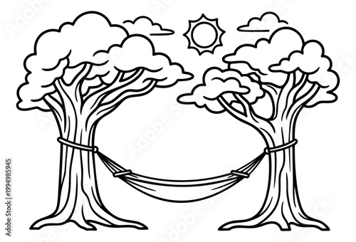 Outline illustration of hammock strung between two trees depicting relaxation under sunny sky for summer and nature design