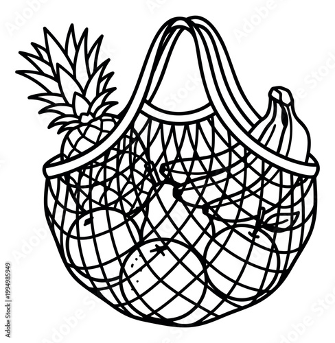 Outline illustration of mesh shopping bag depicting eco friendly grocery tote filled with tropical fruits for food and retail design