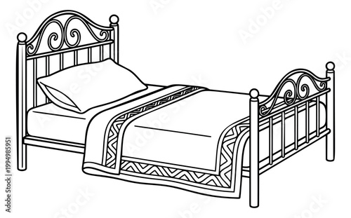 Outline illustration of a metal bed frame depicting an ornate wrought iron double bed with decorative scrollwork for furniture and interior design
