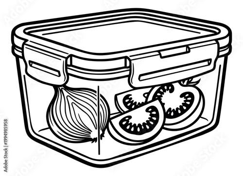 Outline illustration of glass food container depicting fresh vegetables stored inside for kitchen and meal prep design