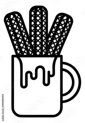 Outline illustration of churros in a dripping mug depicting sweet street food snack for cafe and bakery design