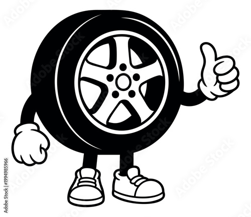 Cartoon illustration of a car tire mascot depicting a cheerful wheel character giving thumbs up for automotive and repair design