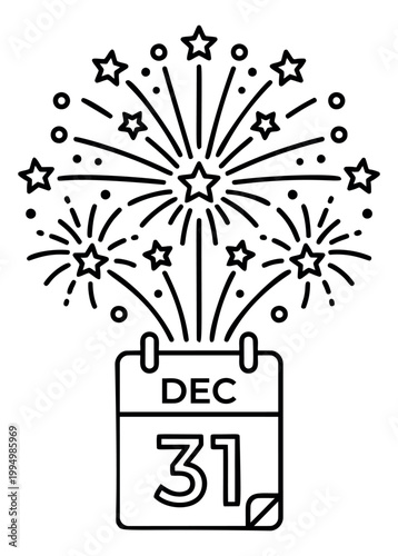 Line art illustration of December 31 calendar depicting fireworks explosion for New Year Eve celebration design