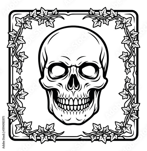 Engraving style illustration of a human skull depicting a gothic floral frame with ivy leaves for Halloween and tattoo design