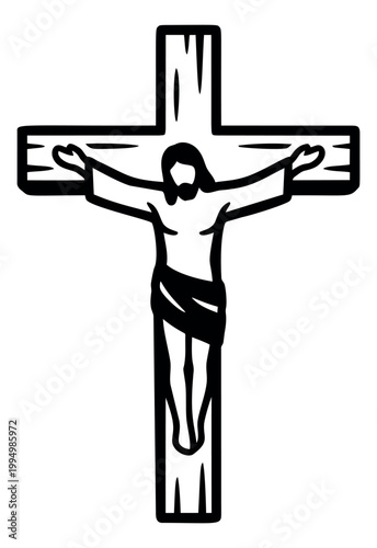 Bold woodcut illustration of Jesus Christ crucified on the cross depicting the crucifixion for religious and faith design