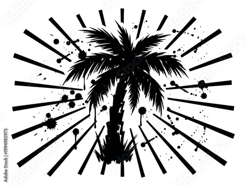 Grunge silhouette illustration of twin palm trees depicting sunburst rays and ink splatter for tropical summer design