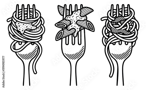 Outline icon set of 3 pasta fork illustrations featuring spaghetti, penne and linguine varieties for food and restaurant design