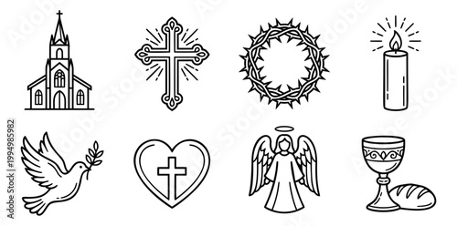 Outline icon set of 8 Christian symbols featuring church, cross, angel, dove, chalice and crown of thorns for religious design