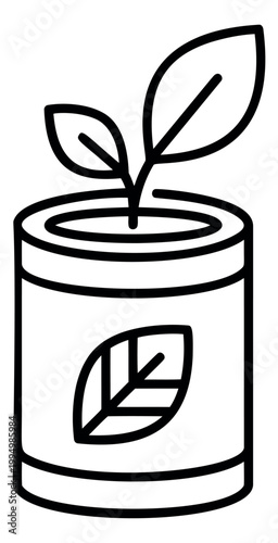 Outline illustration of a plant growing in a tin can depicting eco friendly upcycling concept for sustainability design