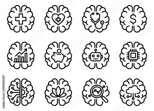 Outline icon set of 12 brain concepts featuring medical, technology, finance and wellness symbols for healthcare and business design
