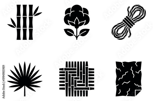 Silhouette icon set of 6 natural fiber and textile materials featuring bamboo, cotton, rope, palm leaf, wicker and crumpled paper for eco design