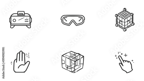 VR Technology Icon Set: A comprehensive collection of meticulously crafted virtual reality (VR) icons, each illustrating essential elements of immersive digital experience.