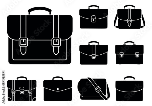 Silhouette icon set of 9 briefcases featuring messenger bags, buckle straps and business cases for professional design